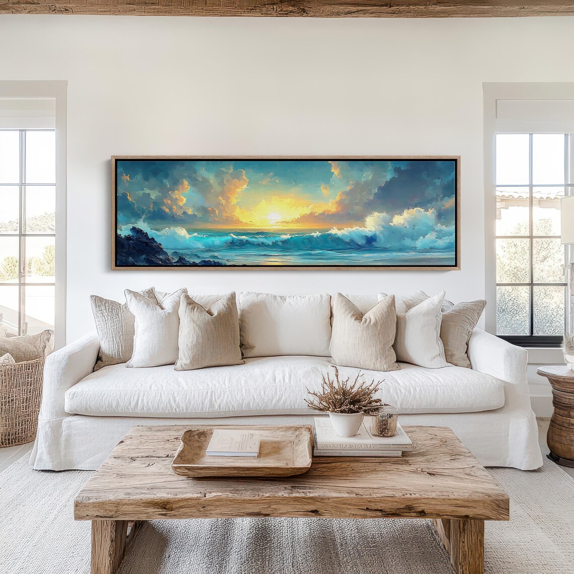 Ocean Sunset Crashing Waves Seascape Coastal Panorama Art Print