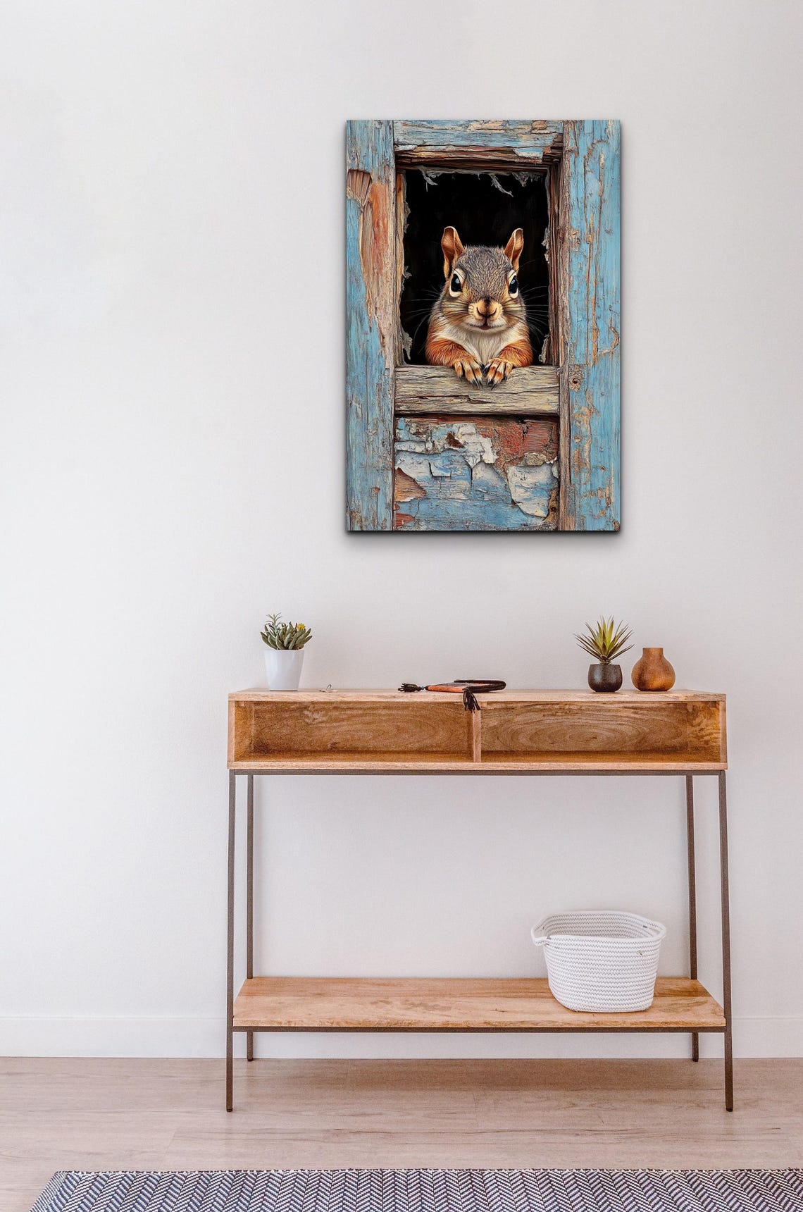 Curious Squirrel Peeking From Rustic Blue Window Animal Poster - Image 4