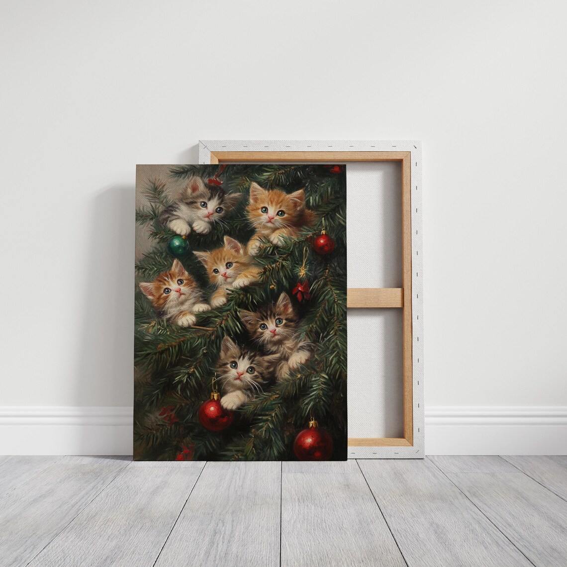 Five Kittens Peeking Christmas Tree Ornaments Vintage Holiday Poster - Image 3