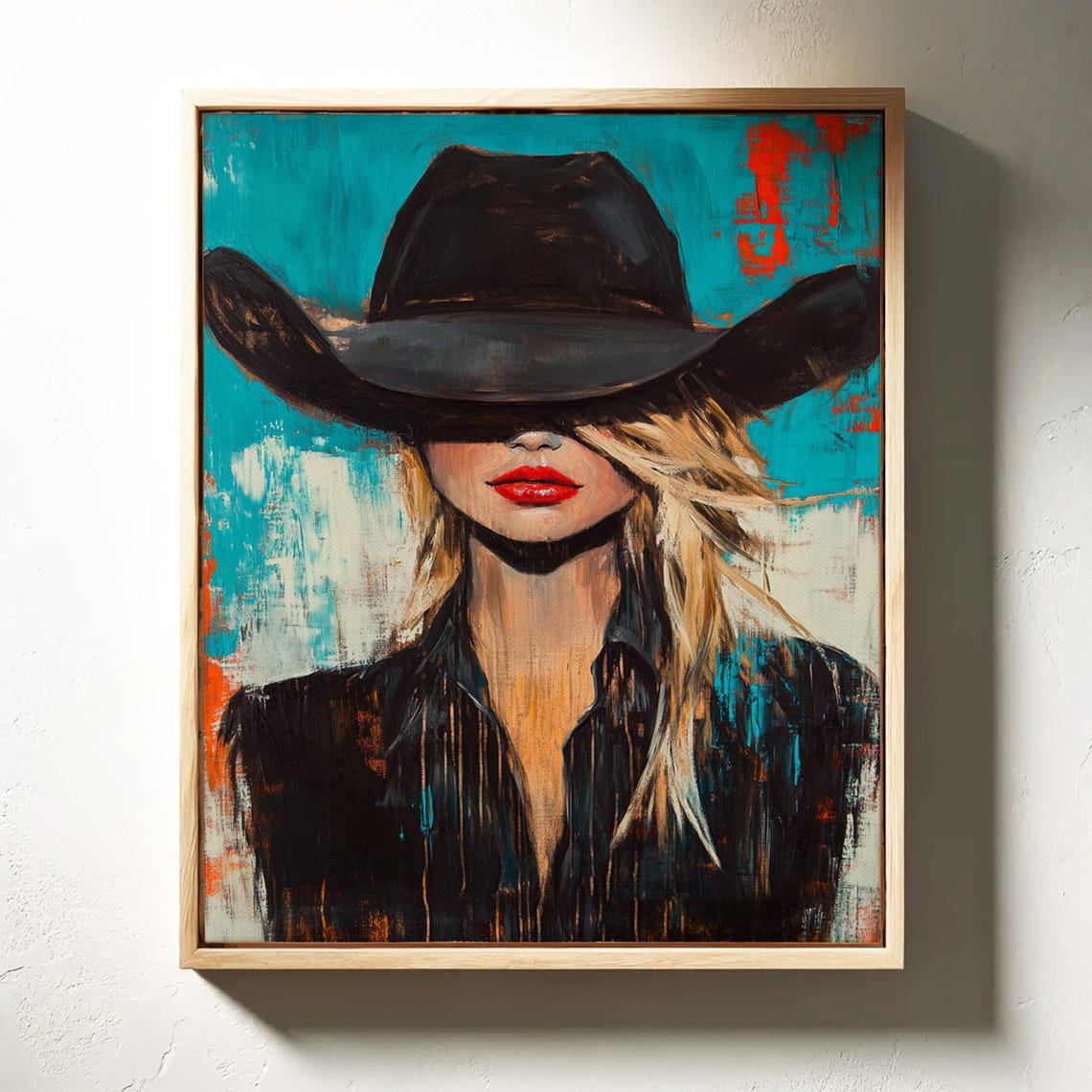Mysterious Cowgirl in Black Hat Bold Red Lips Modern Western Poster - Image 5