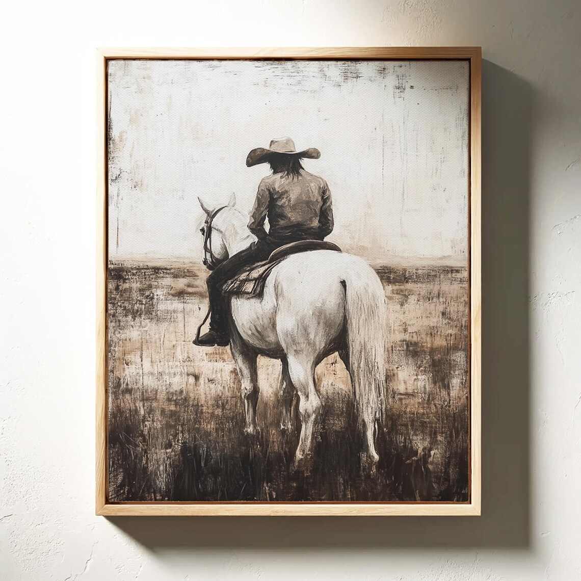 Cowboy On White Horse Distressed Charcoal Sketch Western Art Print - Image 5