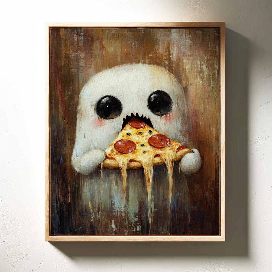 Cute Ghost Eating Pepperoni Pizza Funny Halloween Art Poster - Image 3