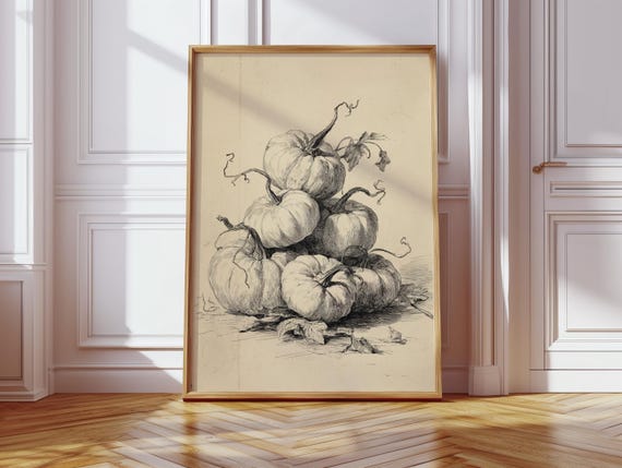 Vintage Pumpkin Stack Art Print, Rustic Autumn Decor