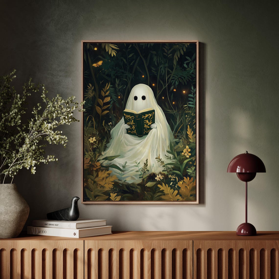 Whimsical Ghost Reading Ornate Book In Dark Forest Florals Wall Art