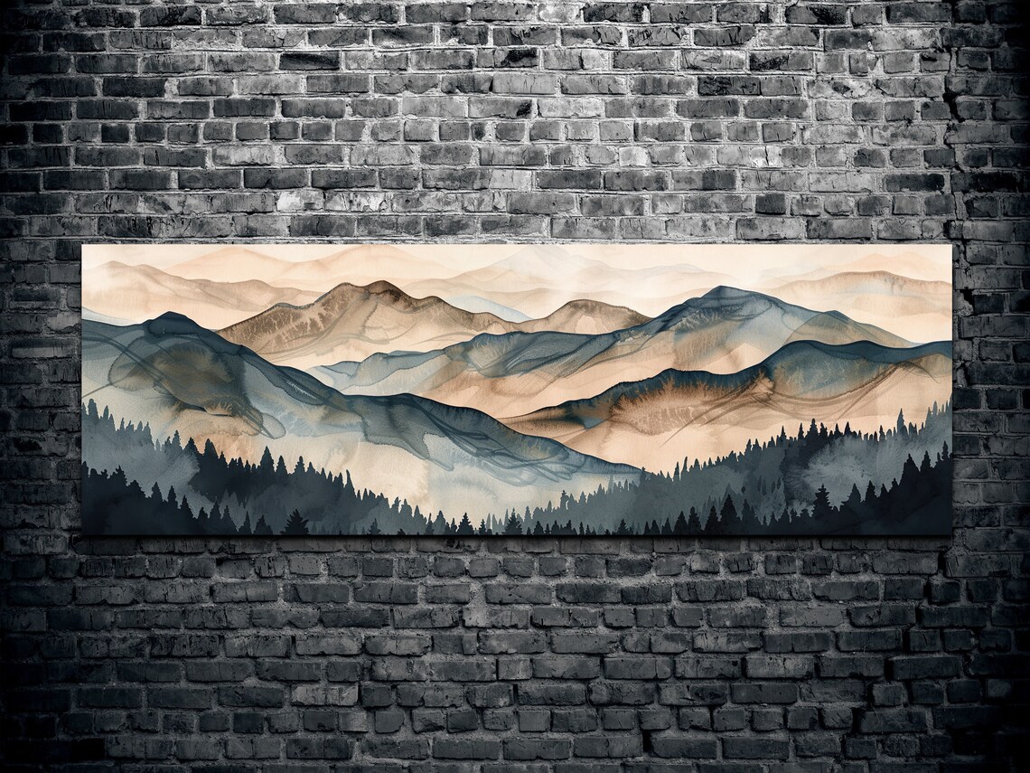 Geometric Smokey Tree Lined Mountain Range Art Print - Image 2