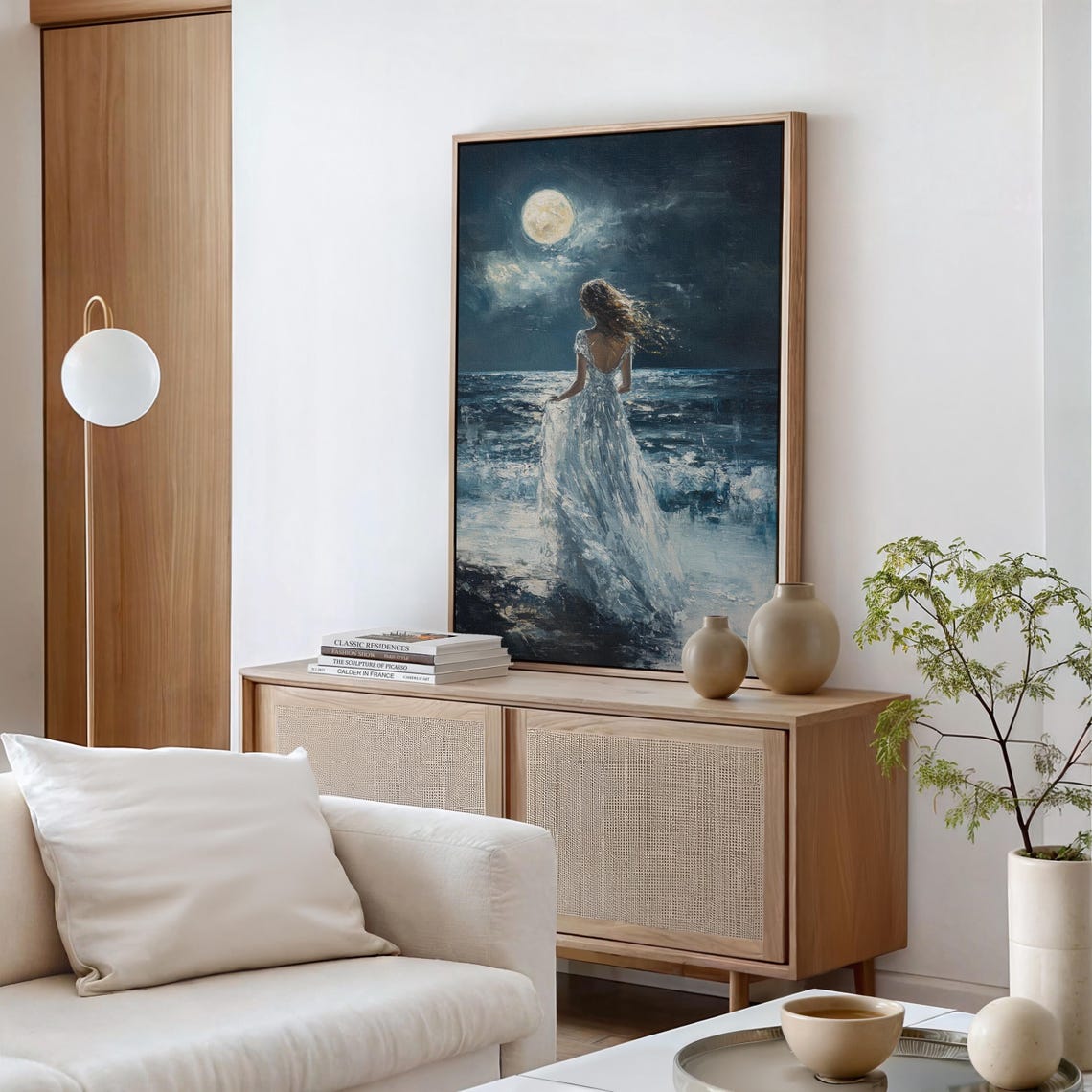 Woman in White Gown Under Full Moon by the Night Ocean Poster - Image 4