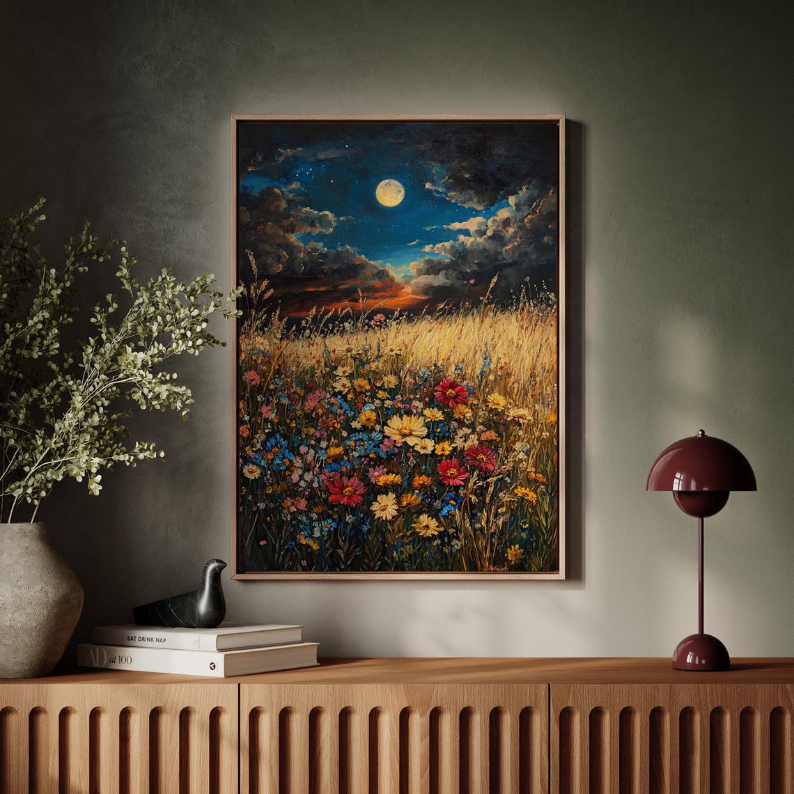 Moonlit Wildflower Field Golden Grass Night Sky Enchanting Poster