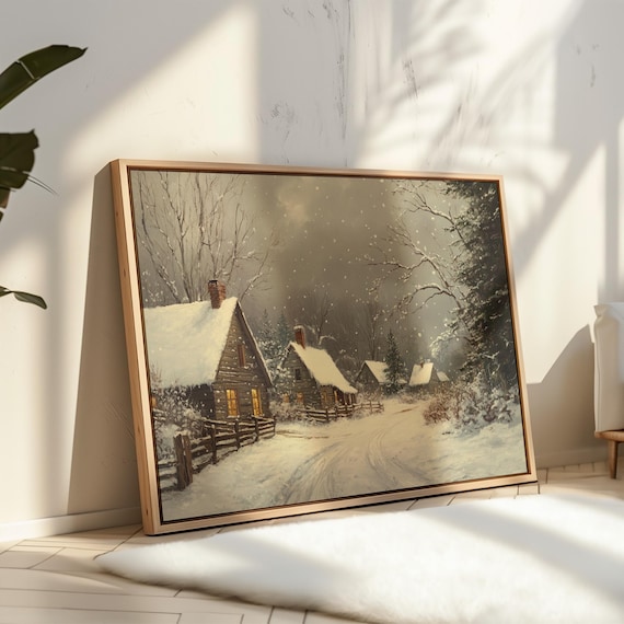 Cozy Log Cabins In Snowy Village Winter Night Landscape Poster