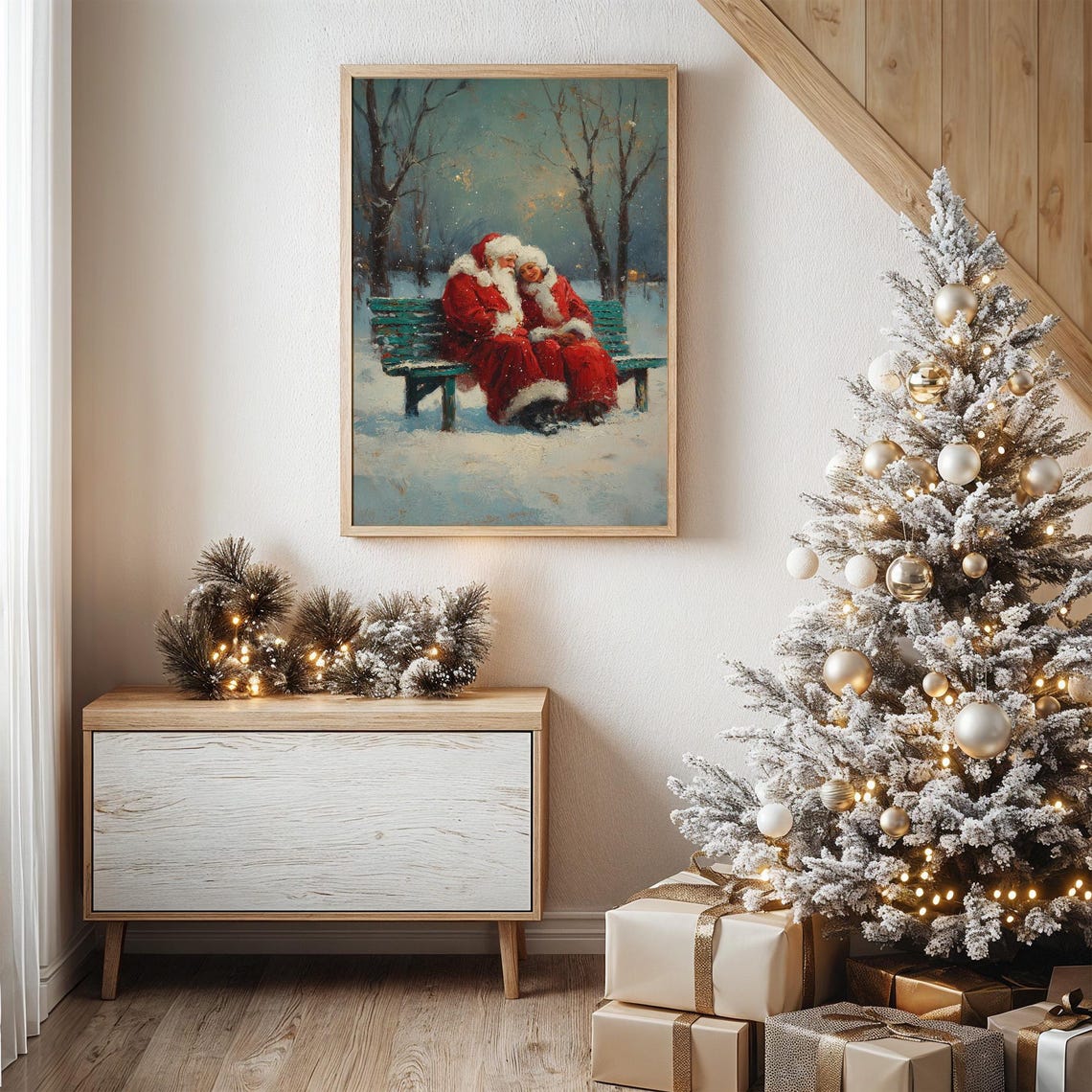 Santa and Mrs Claus Snuggling on Green Bench in Snowy Park Poster