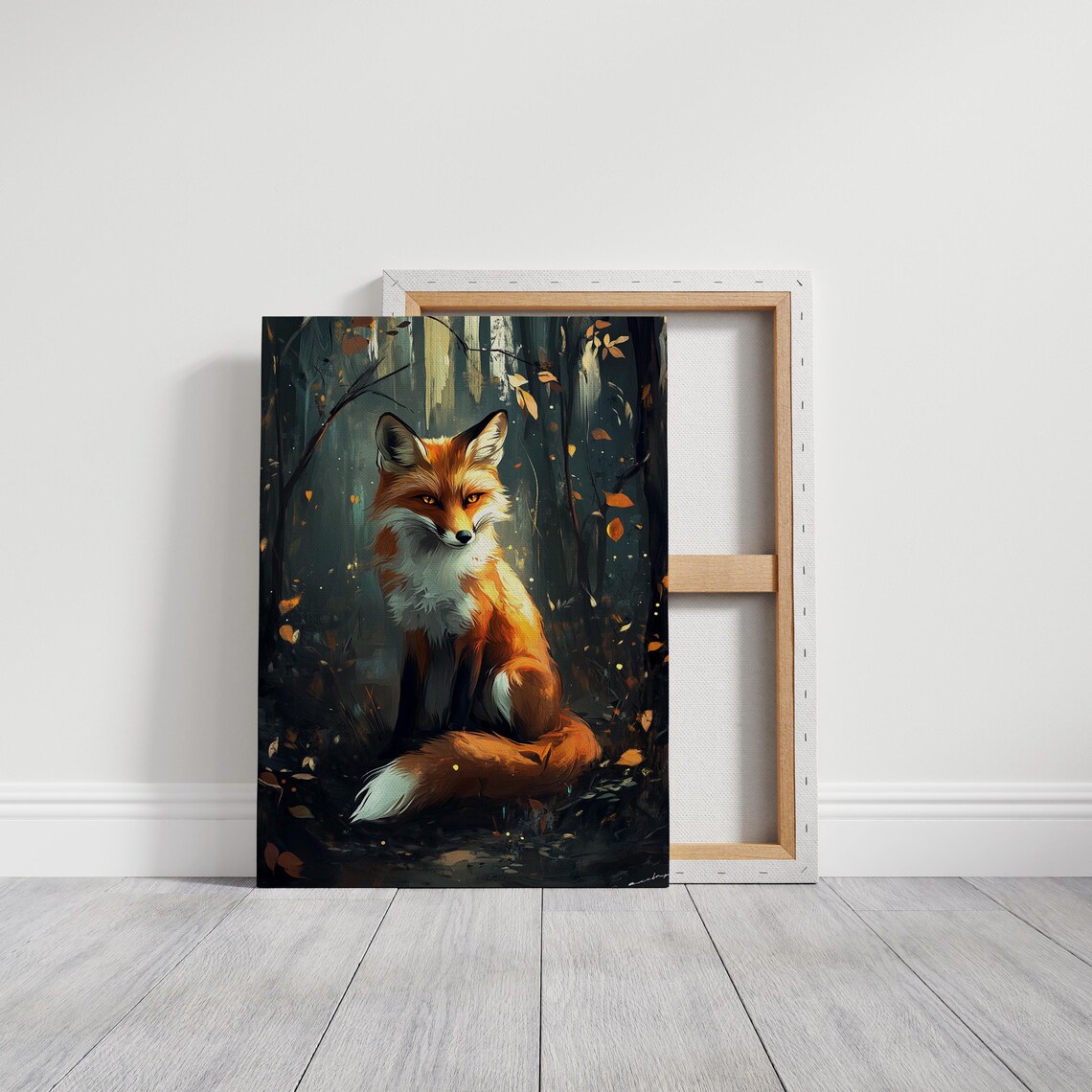 Red Fox Sitting in Dark Autumn Forest Golden Leaves Art Poster - Image 3
