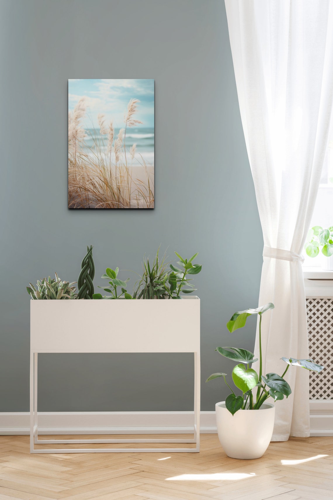 Sea Grass Swaying on the Beach with Soft Ocean Waves Beyond Poster - Image 4