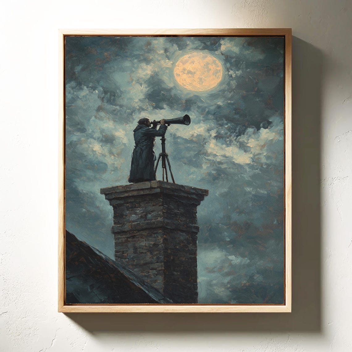 Man Telescope Rooftop Full Moon Night Sky Vintage Moody Art Poster - Image 3