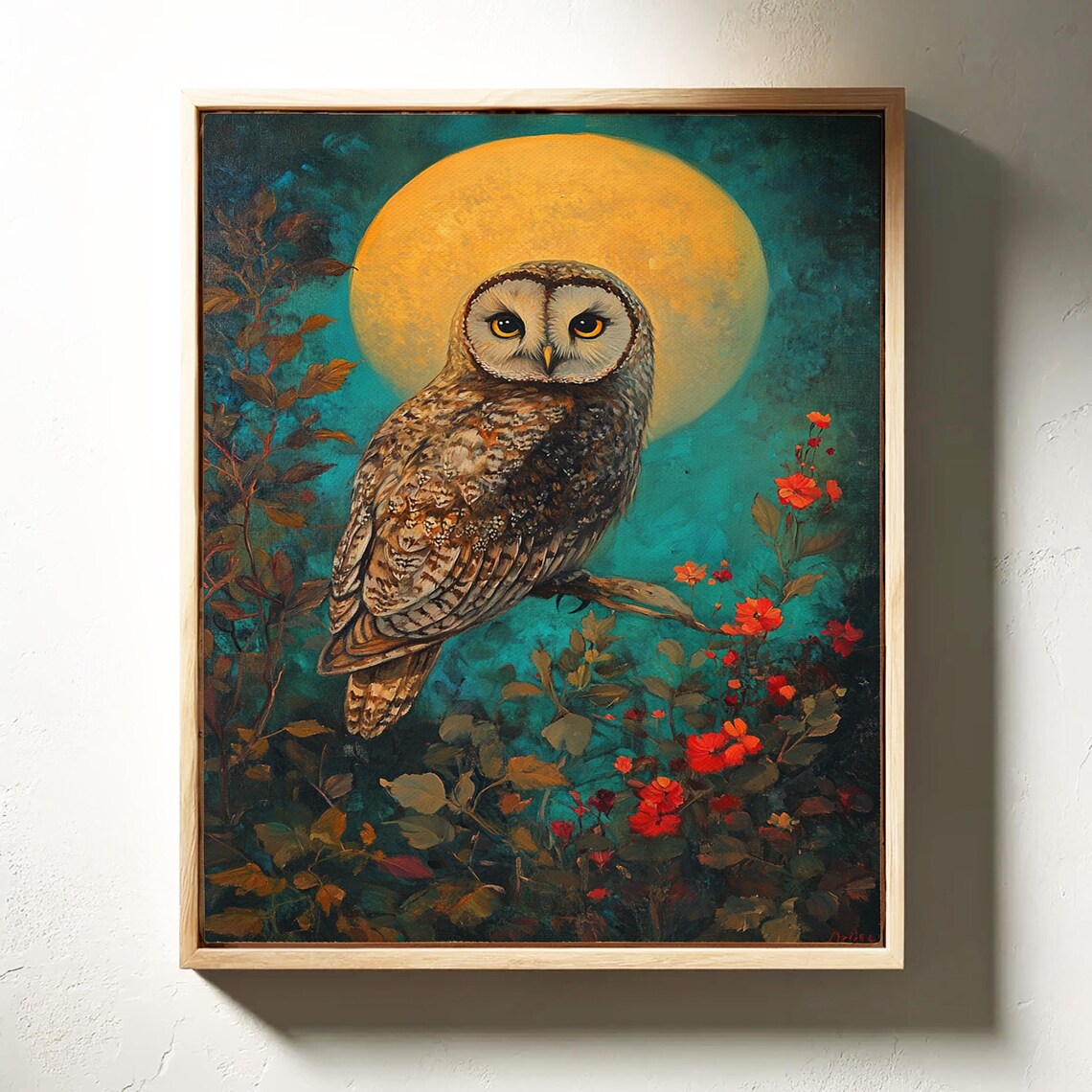 Bohemian Barn Owl Golden Full Moon Teal Red Flowers Woodland Poster - Image 6
