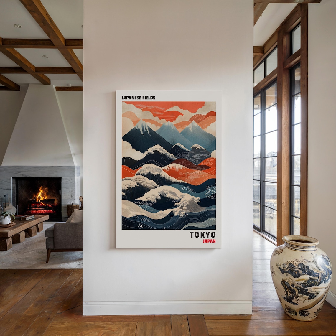 Ukiyo-e Japanese Mountains with Red and Blue Waves Tokyo Poster - Image 2