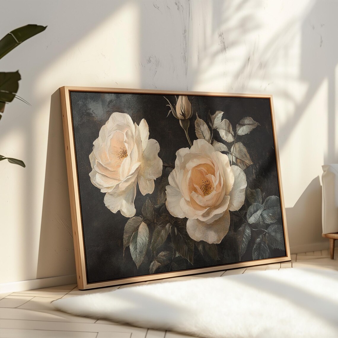 Cream Roses On Dark Background Romantic Vintage Oil Floral Poster