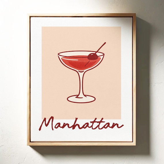 Manhattan Cocktail Poster With Cherry Coupe Illustration Retro Red Bar Art