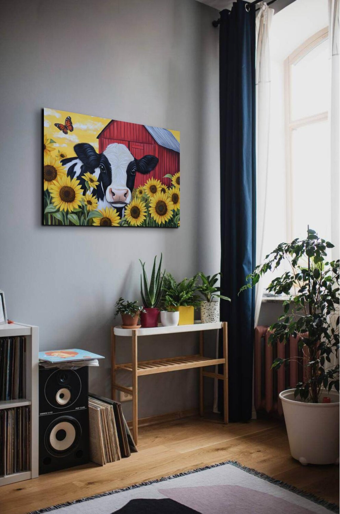 Black and White Cow Among Sunflowers Red Barn Country Poster - Image 7