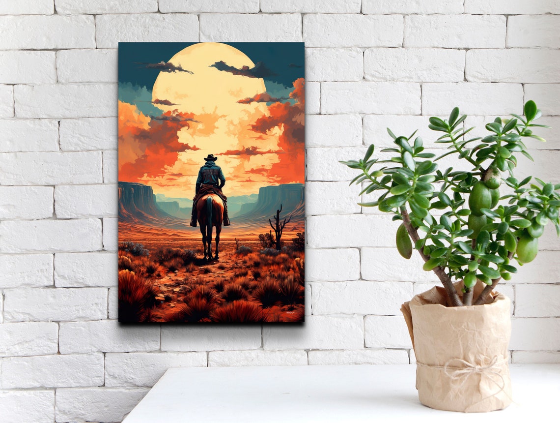 Cowboy Riding Toward Giant Moon Through Desert Canyon Art Poster - Image 5