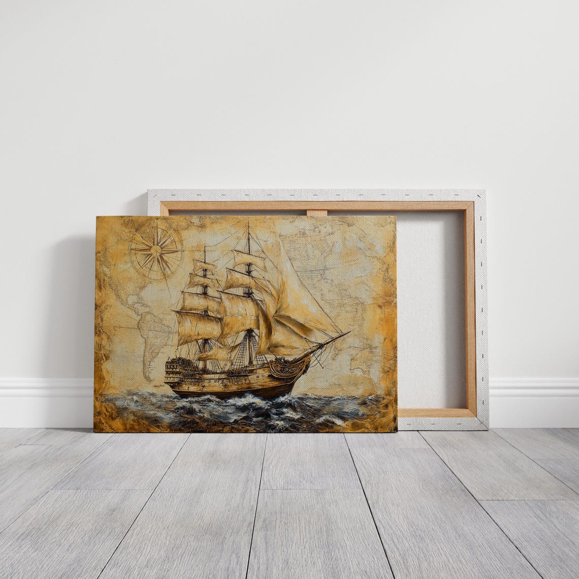 Old Tall Sailing Ship Aged Map Compass Nautical Adventure Poster - Image 3