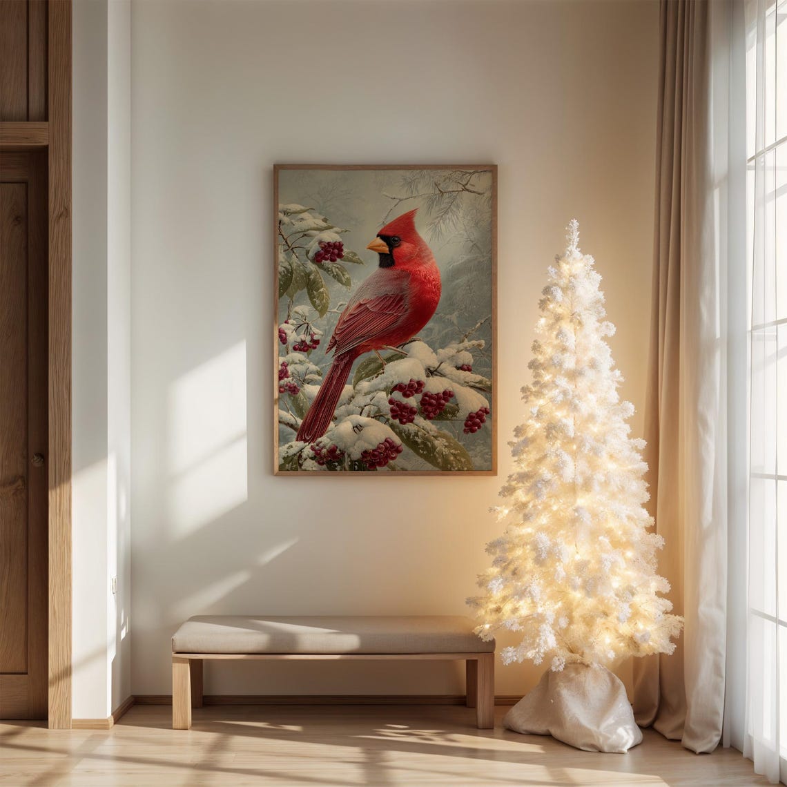 Red Cardinal Bird Resting On Snowy Branch Winter Wildlife Poster