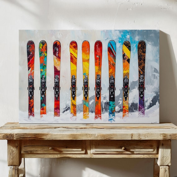Ski Wall Art Modern Canvas Print Of Colorful Skis In Snow Bold Winter Sports Artwork Lodge Cabin Or Mountain Decor