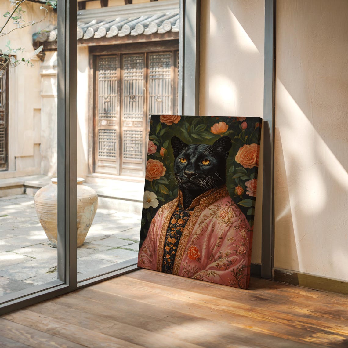Elegant Black Panther Portrait Ornate Pink Robe Rose Floral Poster - Image 4