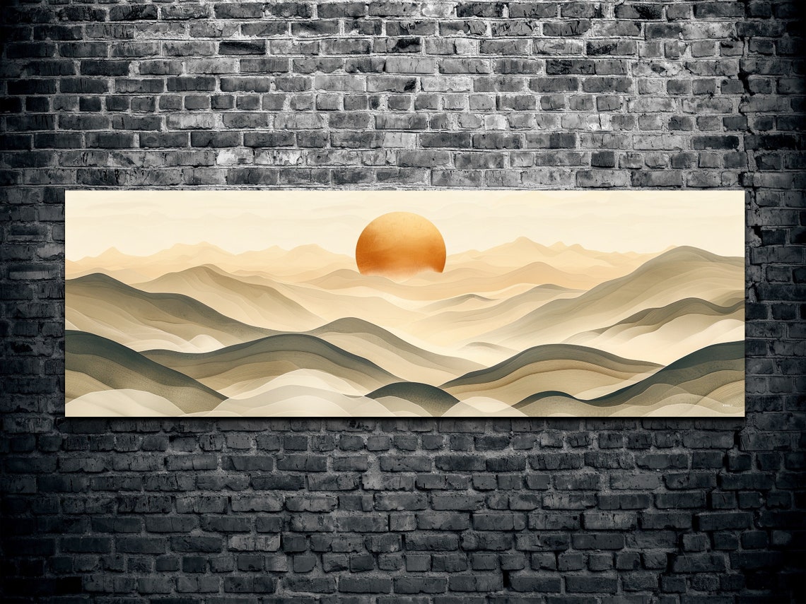 Boho Sunrise Layered Mountain Waves Neutral Minimal Panoramic Wall Art - Image 2