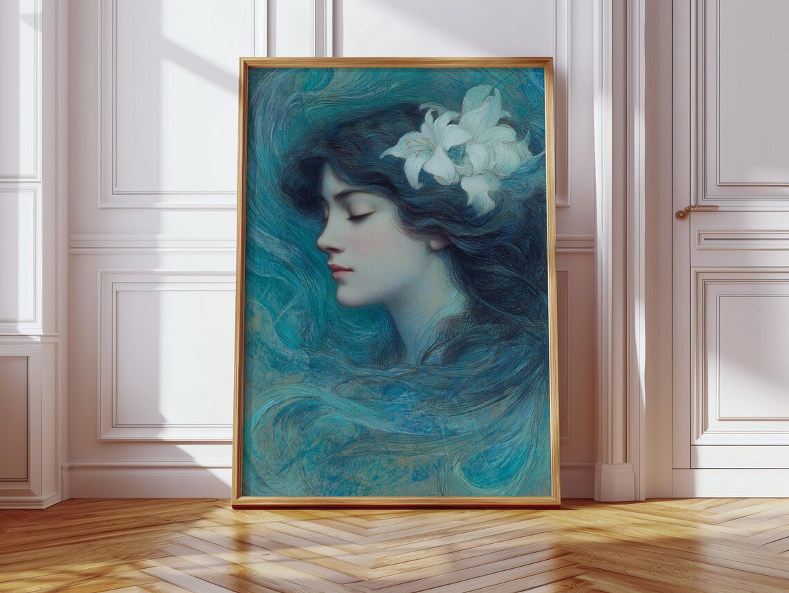 Art Nouveau Woman With Flowing Hair and Lilies Teal Profile Poster