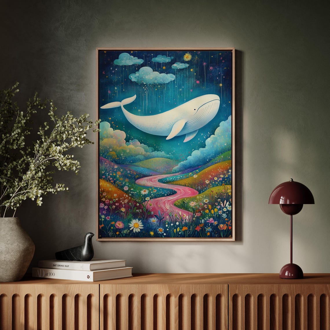 Dreamy White Whale Flying Over Pink River Flower Hills Poster - Image 6