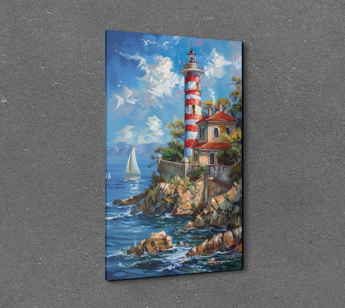 Striped Lighthouse on Rocky Cliff With Sailboats Seaside Poster - Image 7