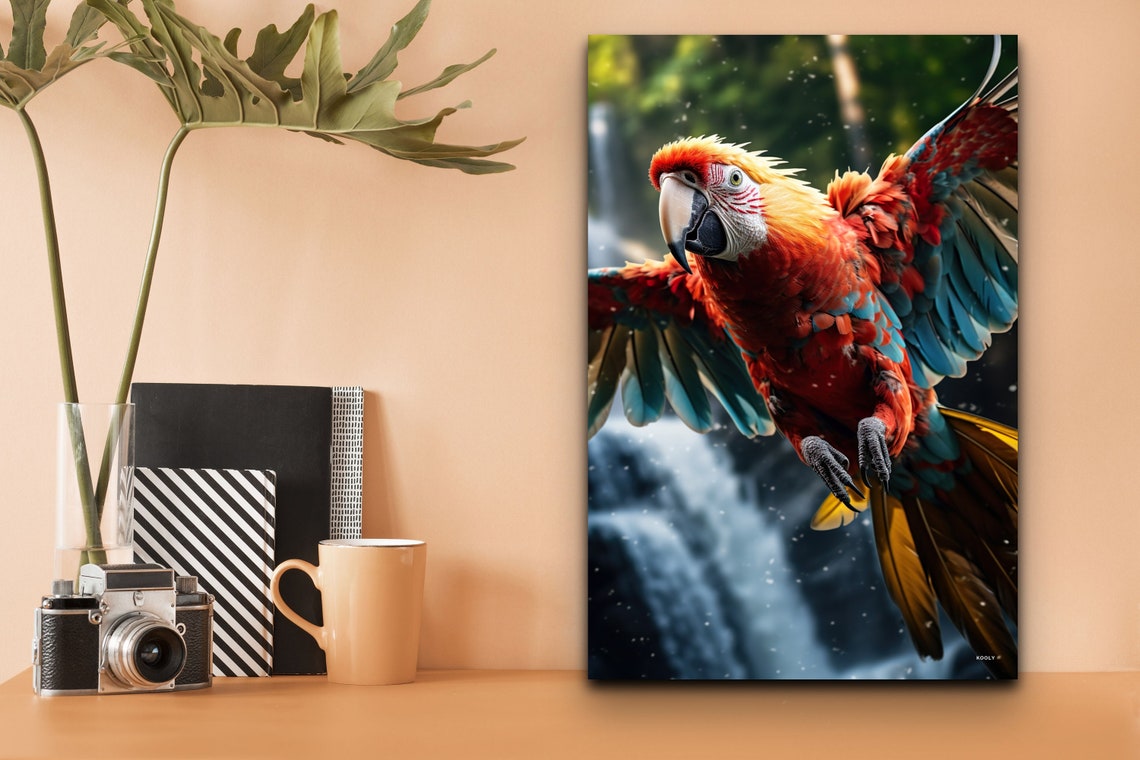 Scarlet Macaw Parrot Flying Past a Rainforest Waterfall Poster - Image 6