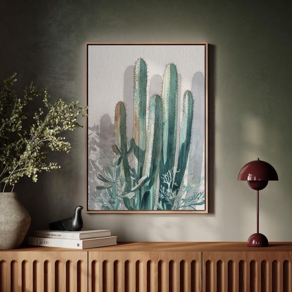 Minimalist Cactus Wall Art Watercolor Print Desert Botanical Illustration Teal Succulent Poster For Modern Boho Or Southwestern Decor