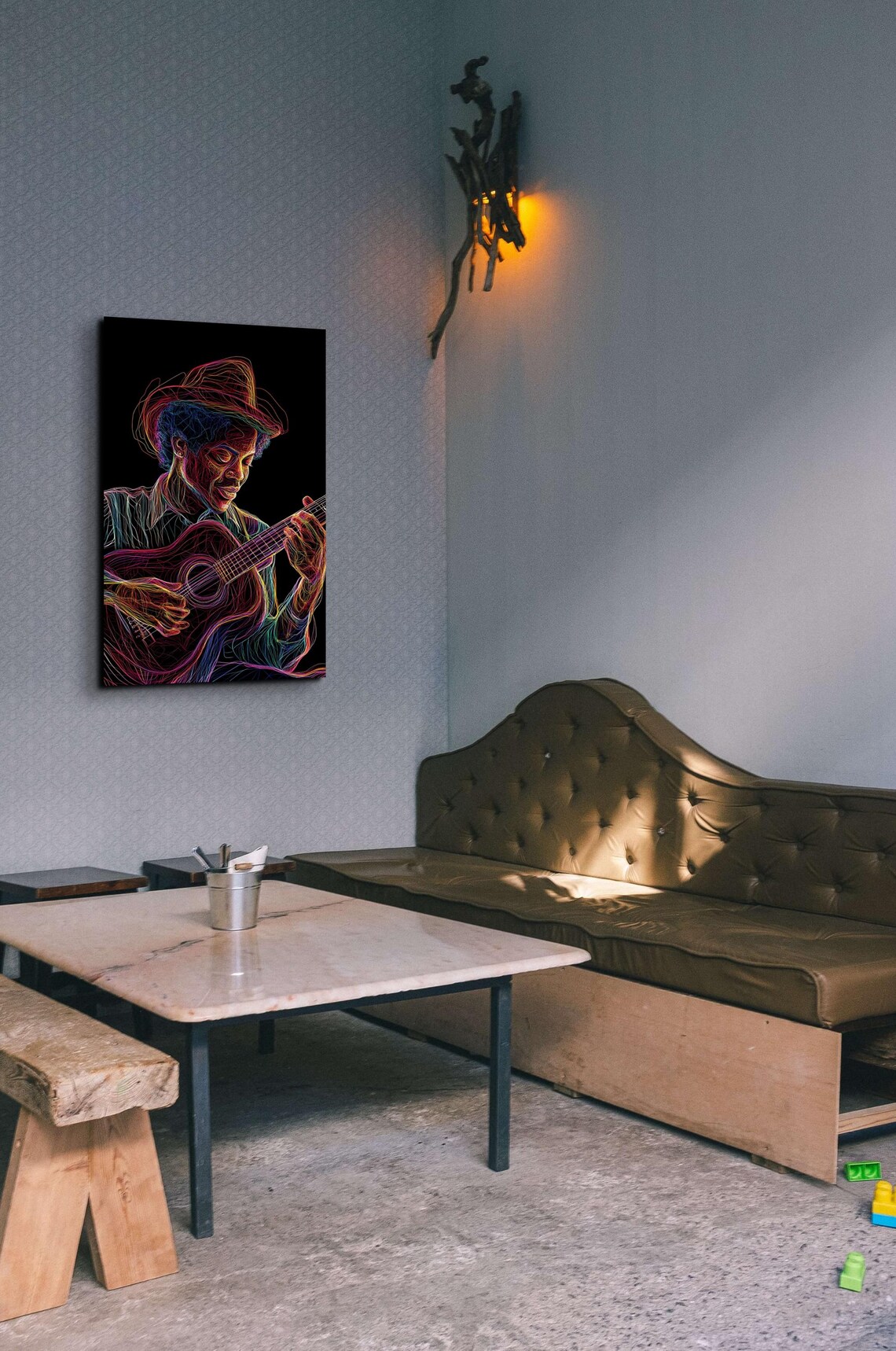 Neon Line Art Guitarist in Hat Colorful Music Room Wall Poster - Image 7