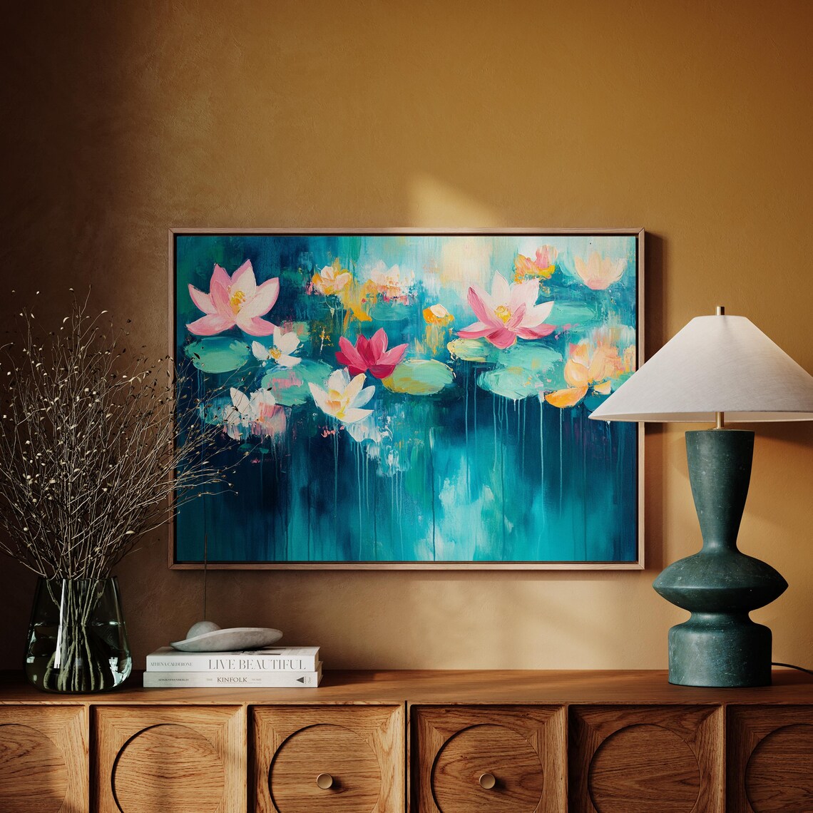 Abstract Water Lily Pond With Pink Lotus Flowers Teal Wall Art