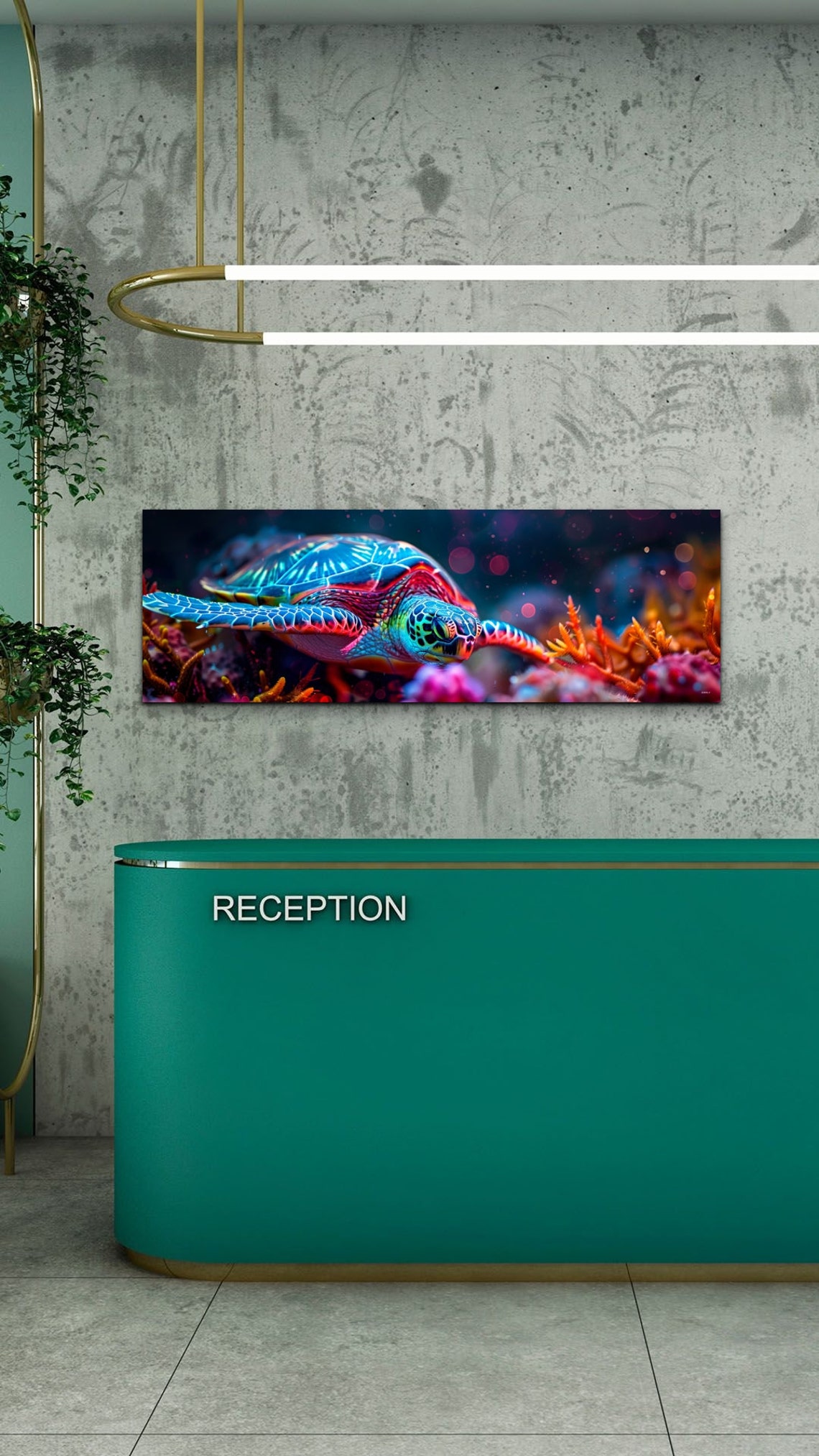 Sea Turtle Neon Glow Over Coral Panoramic Underwater Art Poster - Image 6