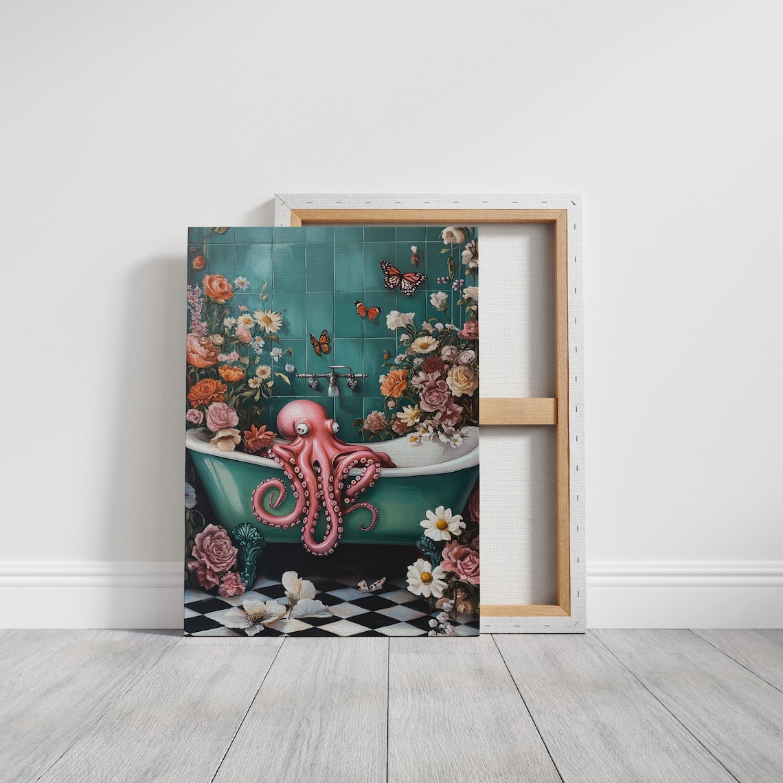 Whimsical Octopus In Floral Bathtub Surreal Pink Bathroom Poster - Image 3