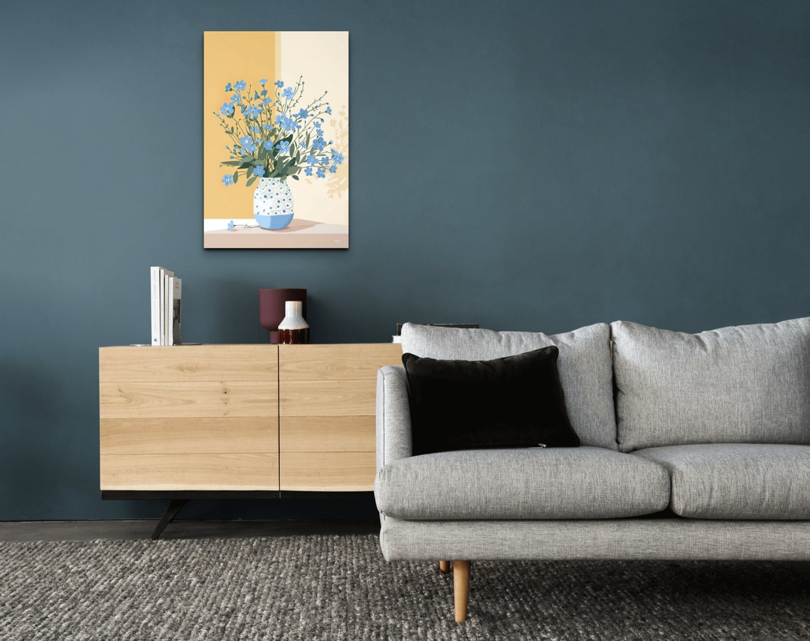 Blue Wildflowers in Patterned Vase Mustard Modern Floral Poster - Image 7