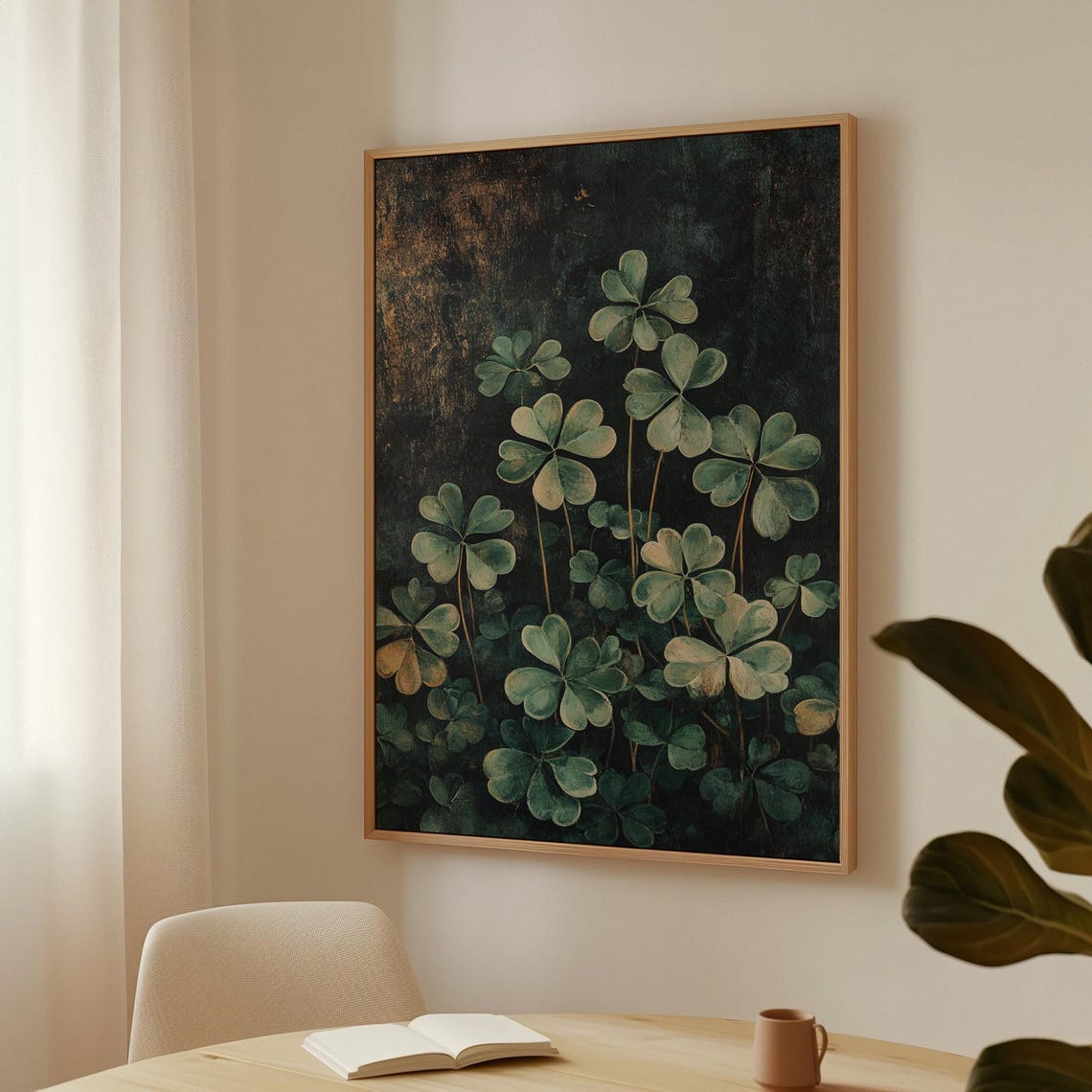 Moody Painterly Clover Blossoms Dark Botanical Canvas Wall Art - Image 3