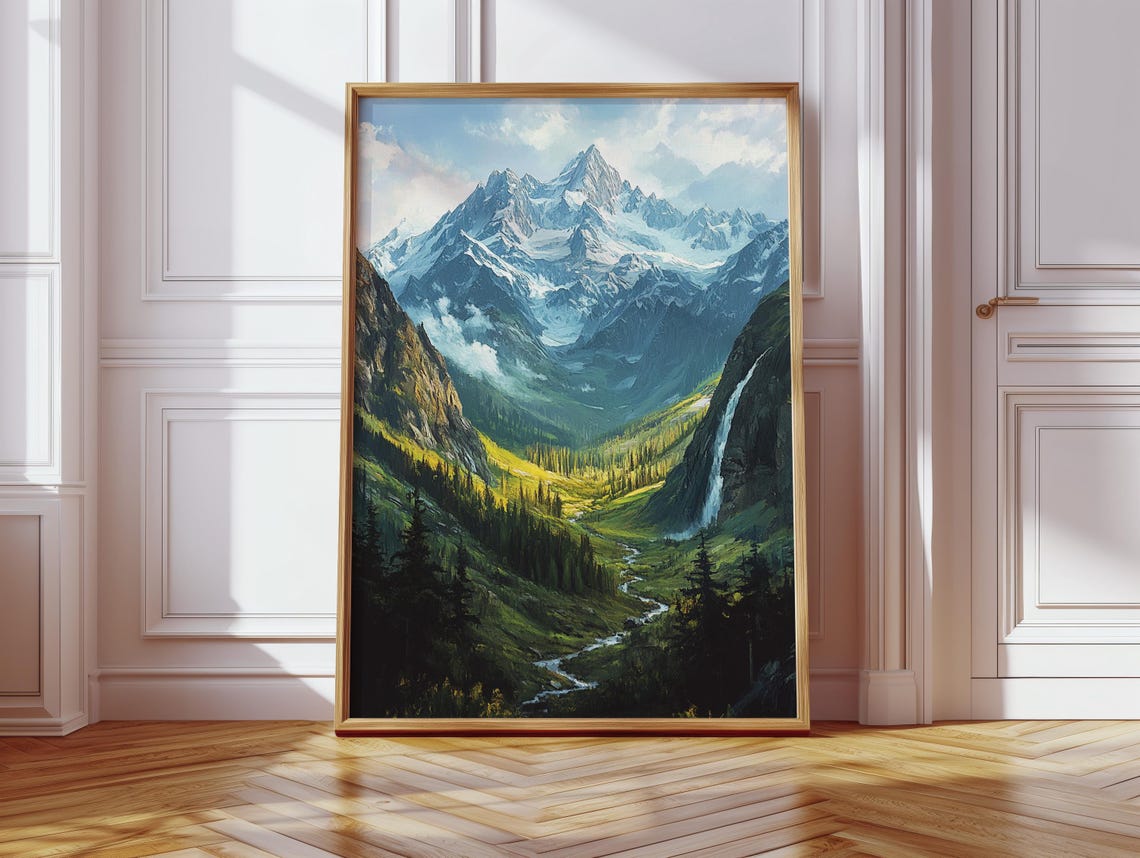 Mountain Landscape With Waterfall Snowy Peaks And Lush Valley Nature Scenic Print Majestic Wilderness Art - Image 2