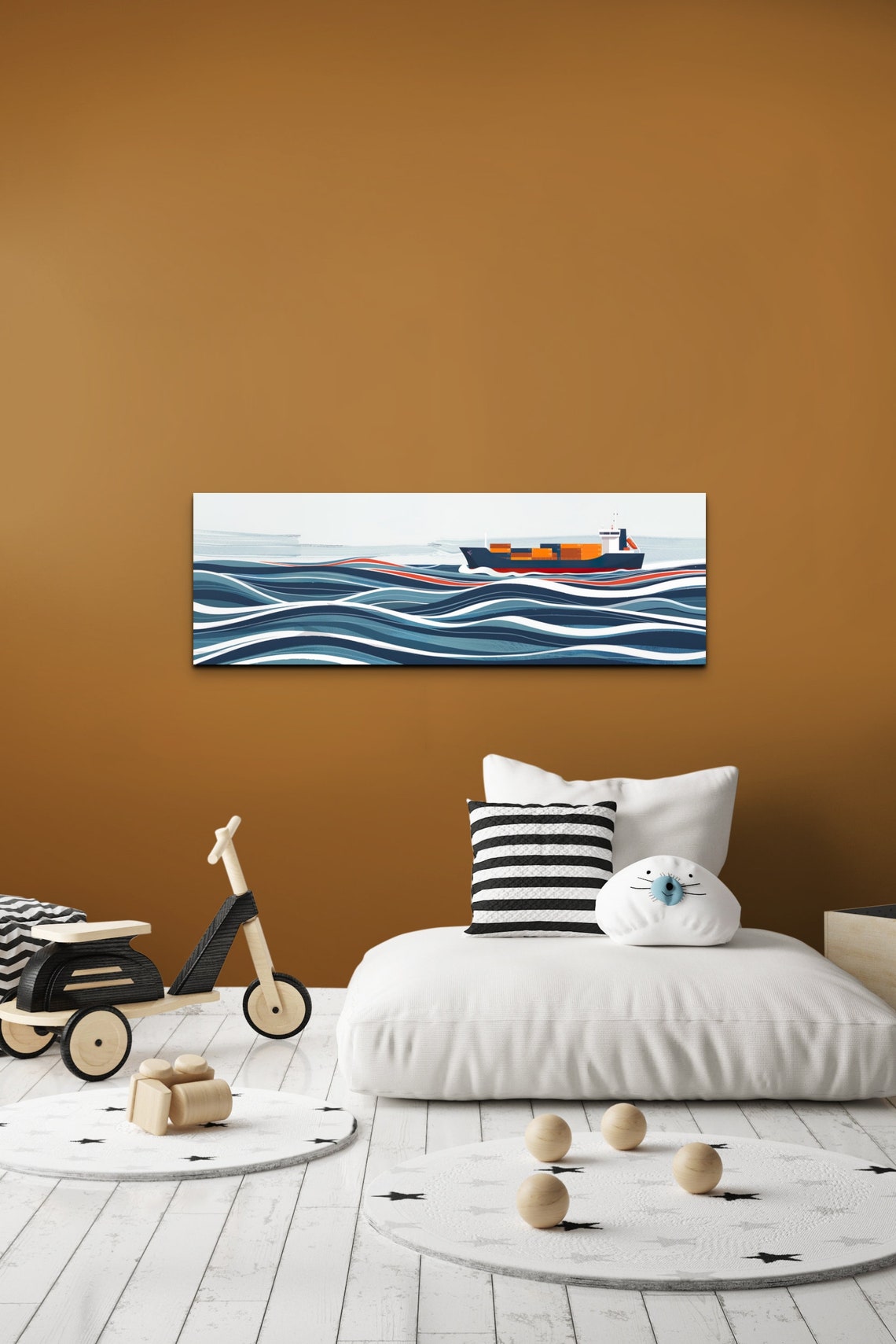 Bold Navy Cargo Ship Sailing Stylized Blue Waves Panoramic Poster - Image 7