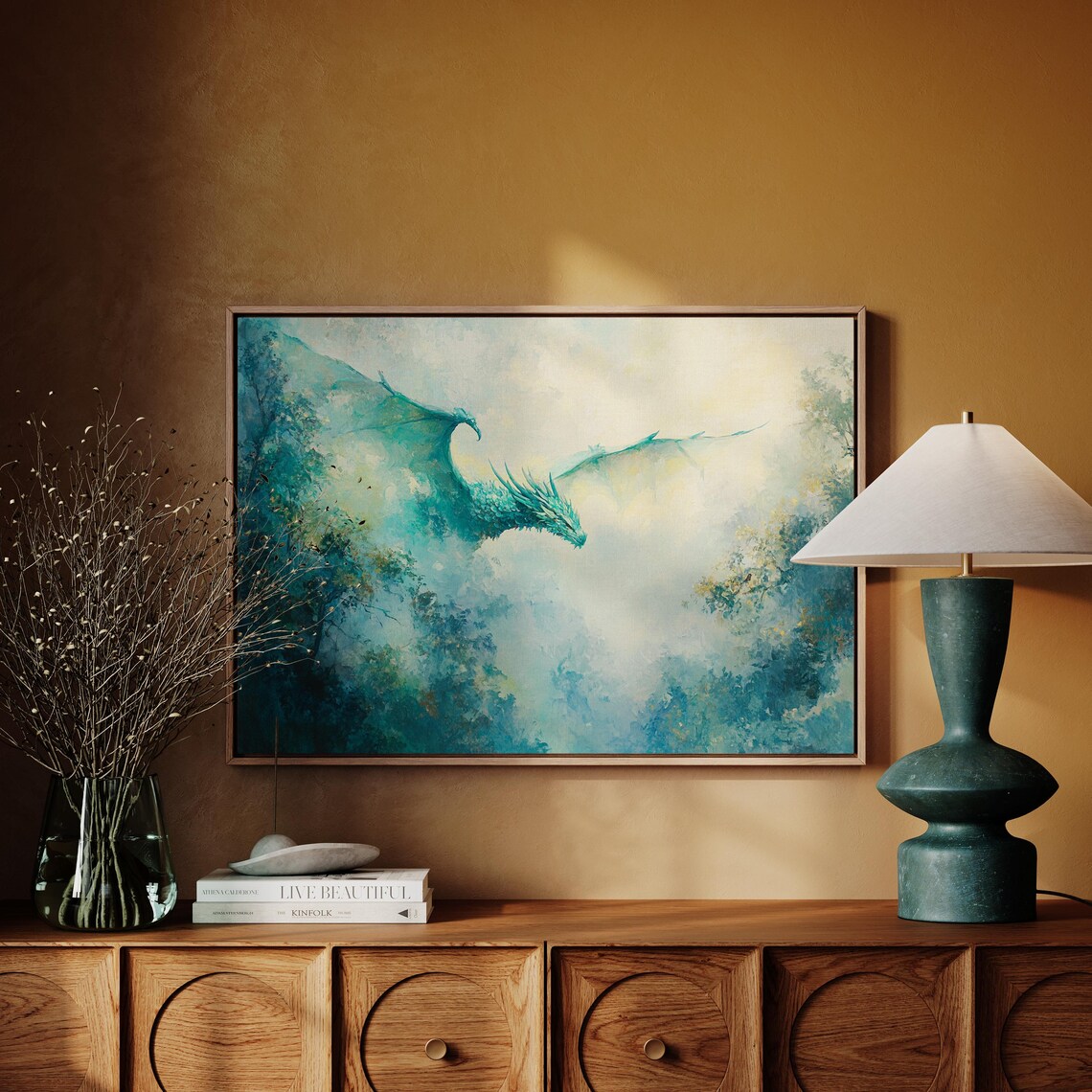Flying Dragon in Misty Forest, Fantasy Art Print