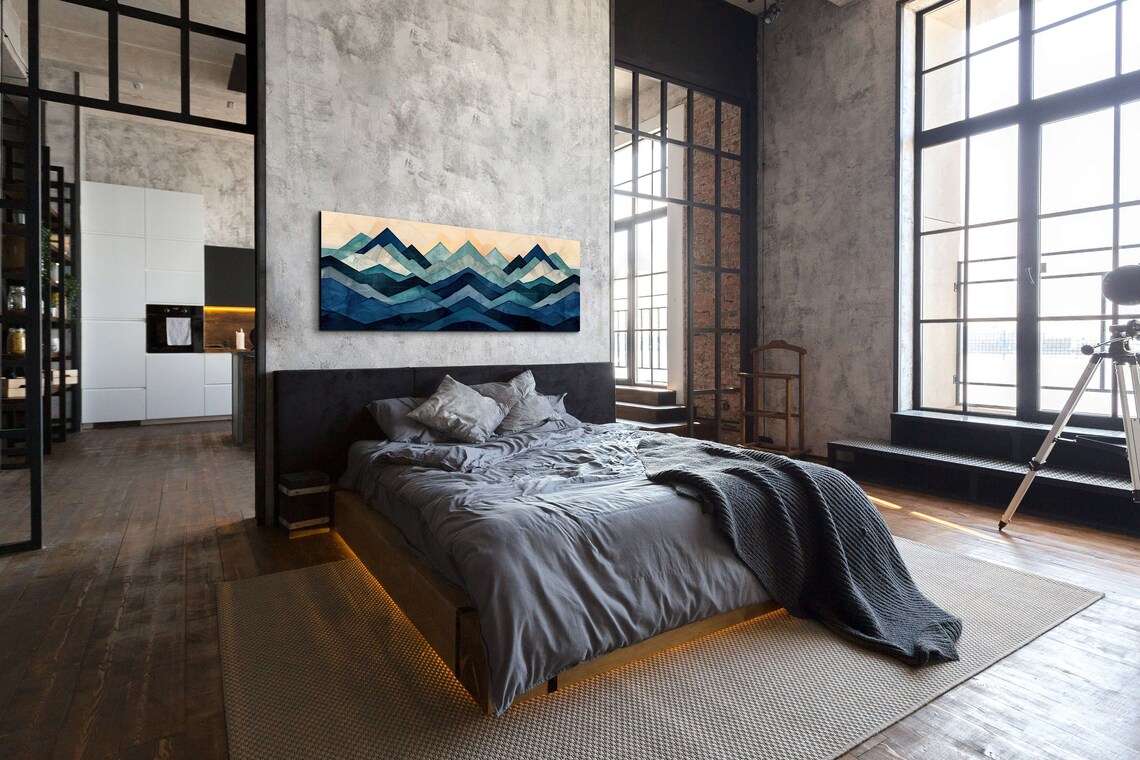 Panoramic Navy Geometric Mountain Range Ready To Hang Panoramic Wall Art Print Blue Tone Artwork Panoramic Art - Image 5