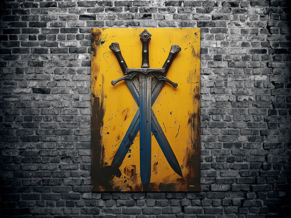 Three Crossed Medieval Swords Yellow Background Warrior Poster - Image 2