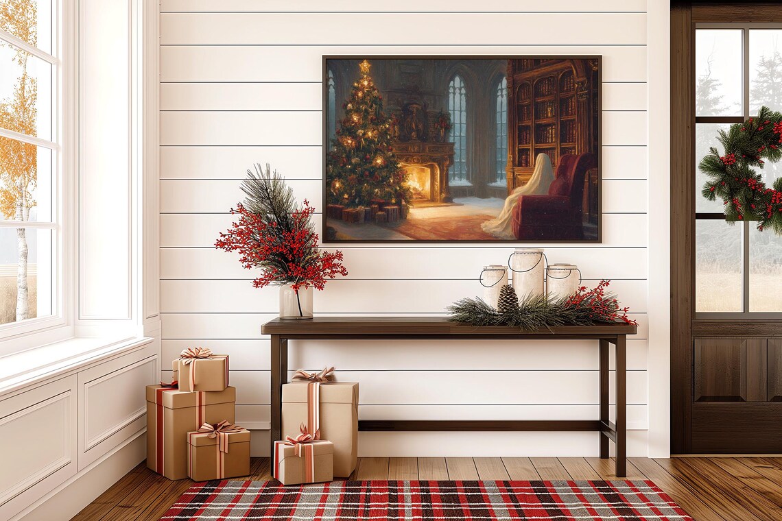 Christmas by Fireplace Vintage Holiday Art Print