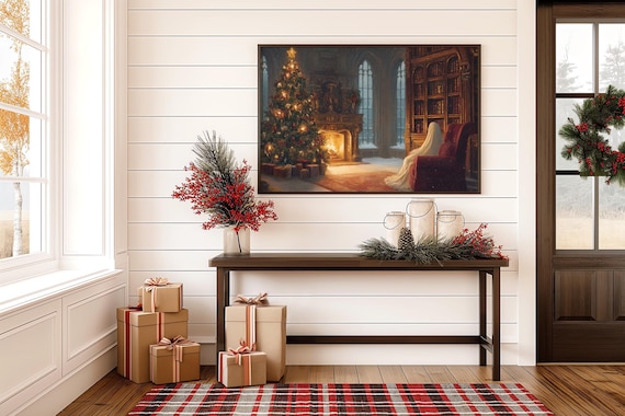 Christmas by Fireplace Vintage Holiday Art Print