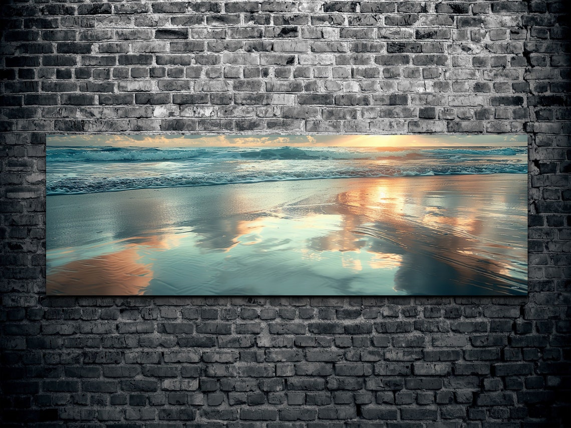 Golden Sunset Waves Ocean Shore Sky Reflections Panoramic Wall Art - Image 2