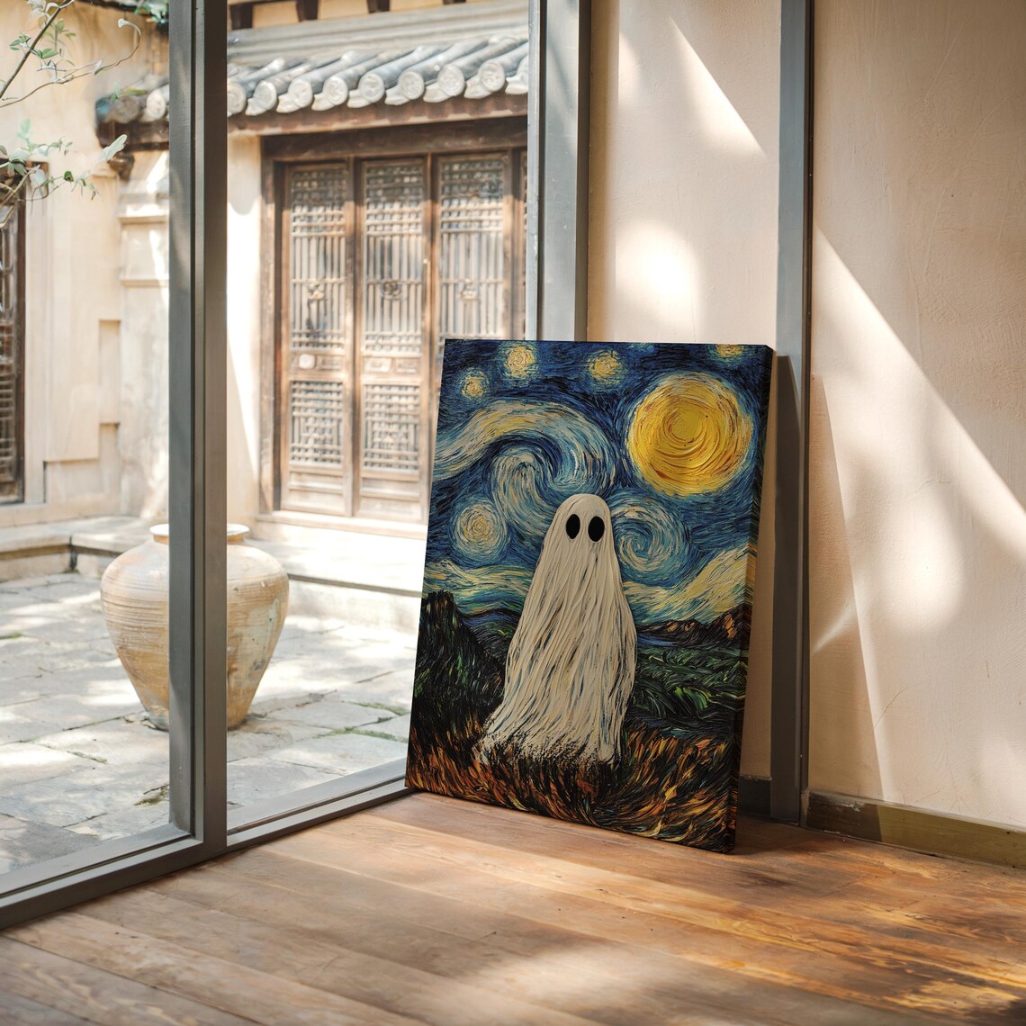 Cute Ghost Under Swirling Starry Night Sky Van Gogh Style Halloween Poster - Image 4