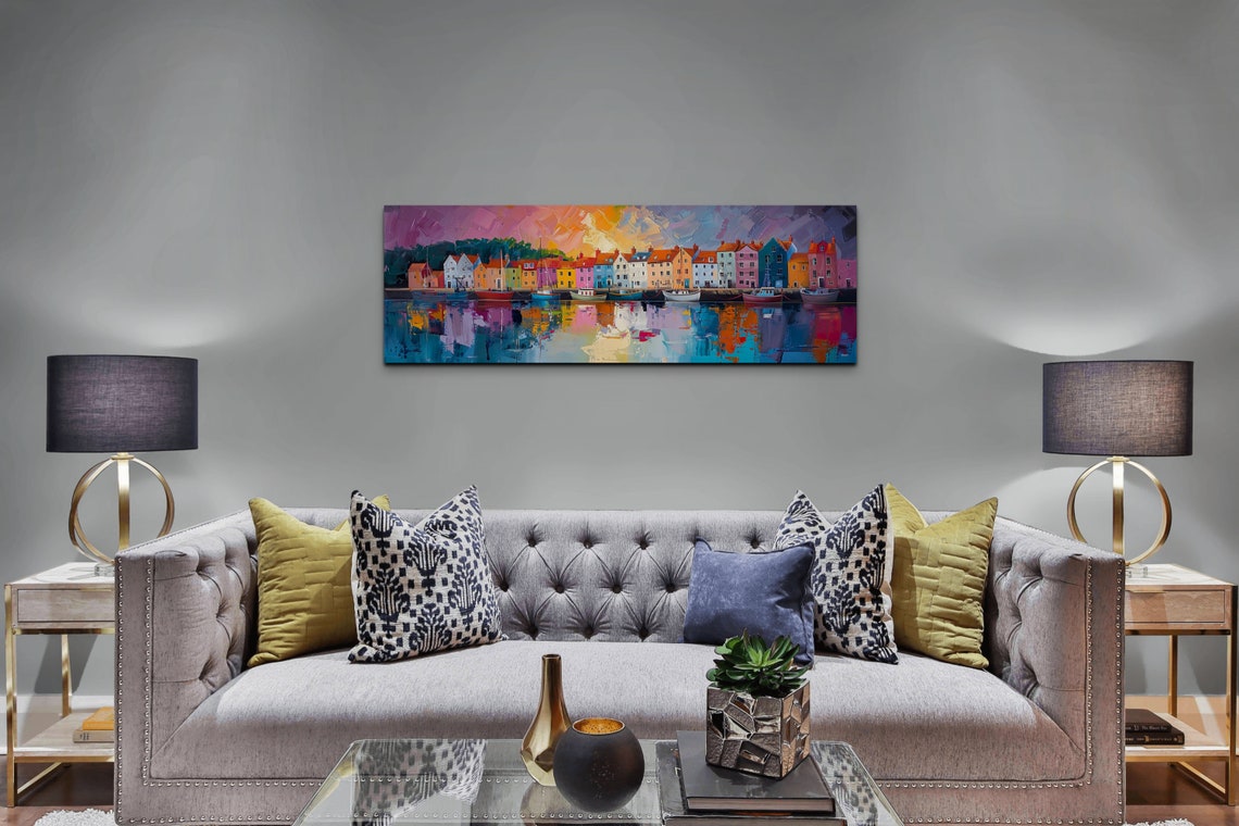 Vibrant Harbor Village With Colorful Boats At Dusk Panoramic Poster - Image 6