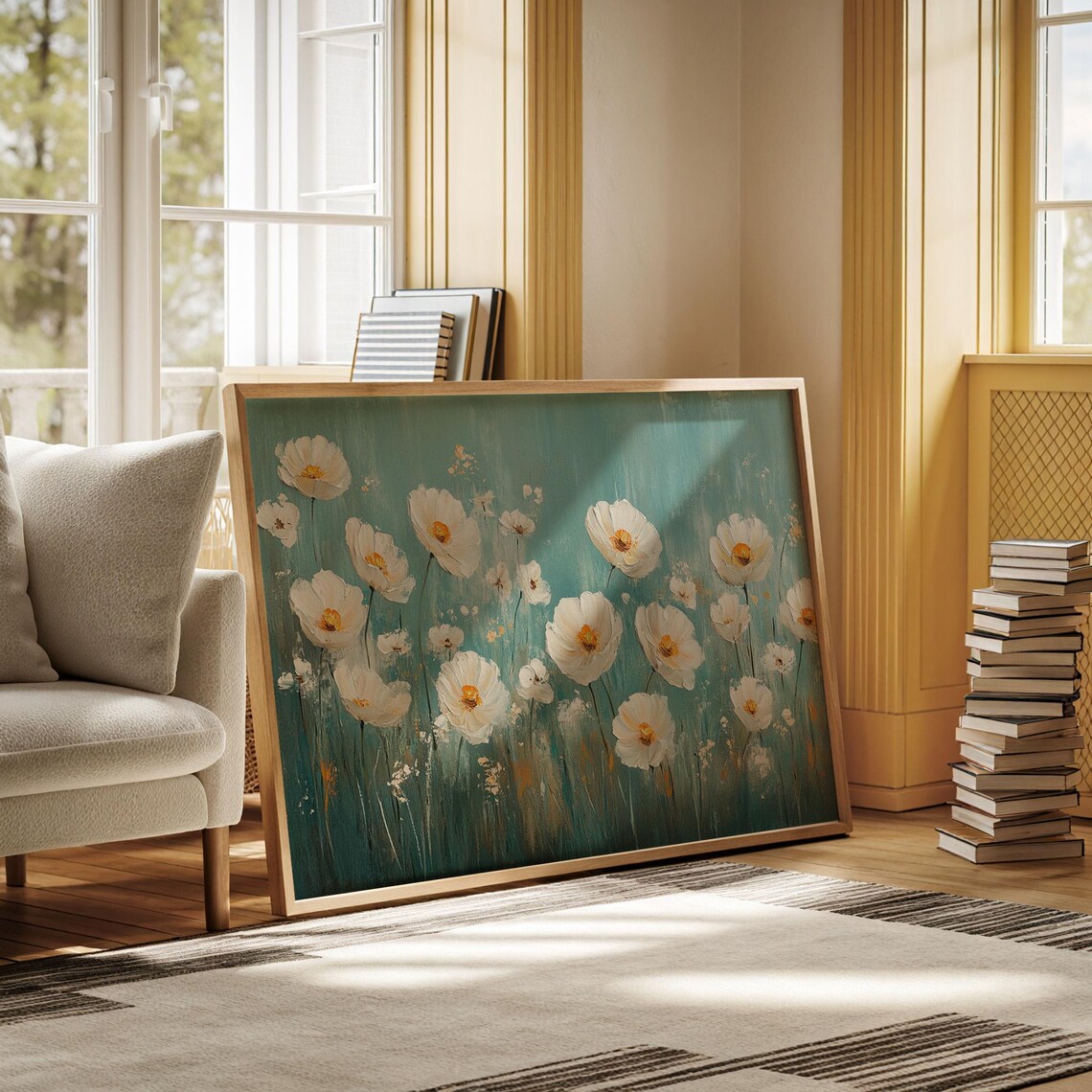 White Poppies Art Print, Turquoise Background - Image 4