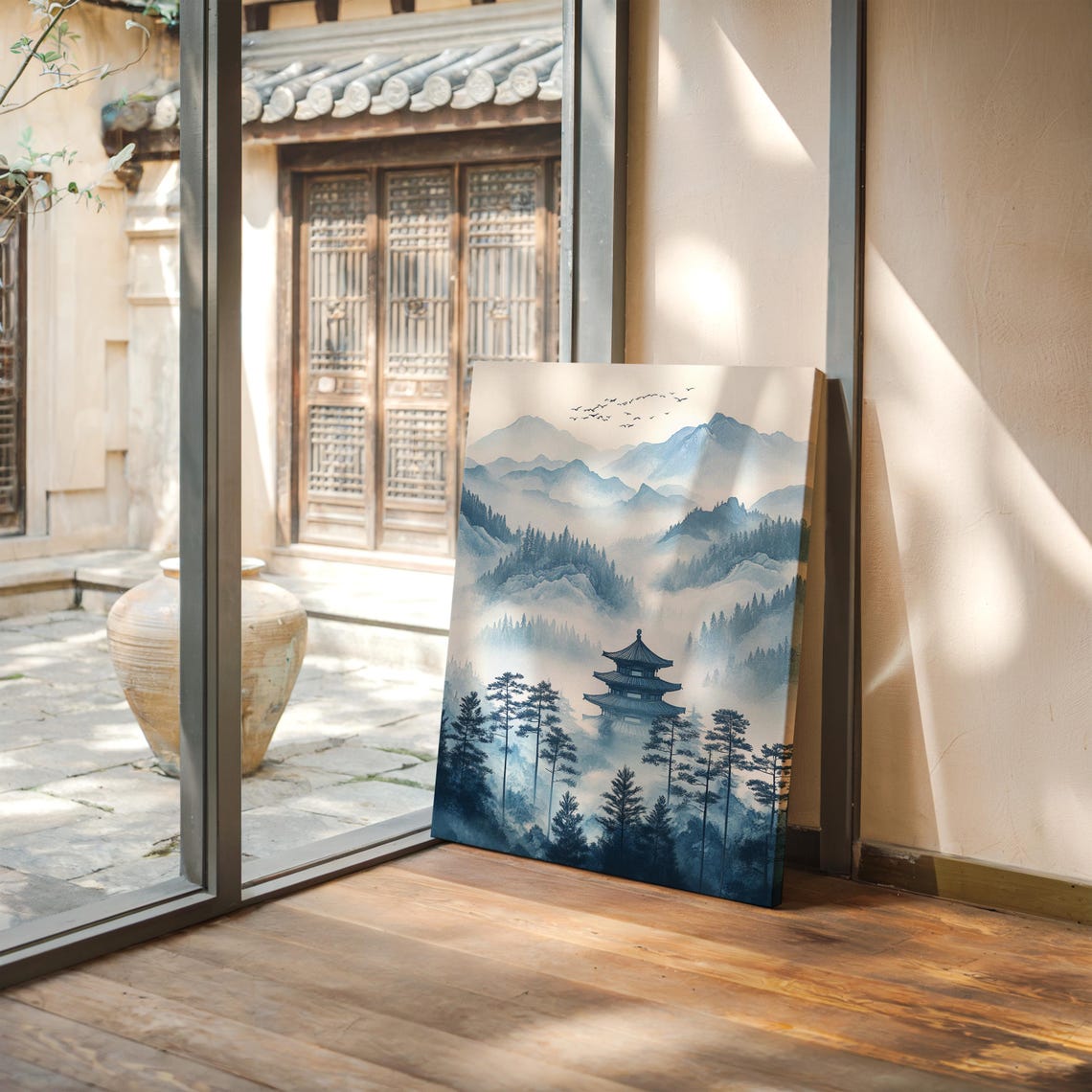 Pagoda Among Misty Blue Mountains Pine Trees Asian Landscape Poster - Image 3